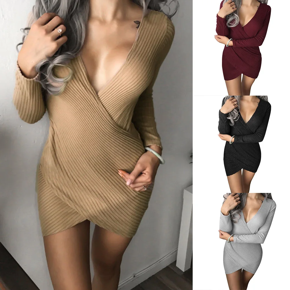 Vestidos summer Women solid color Sexy Elegant V-neck cross Dress Bodycon Pack hip Comfortable Pretty dress | Женская одежда