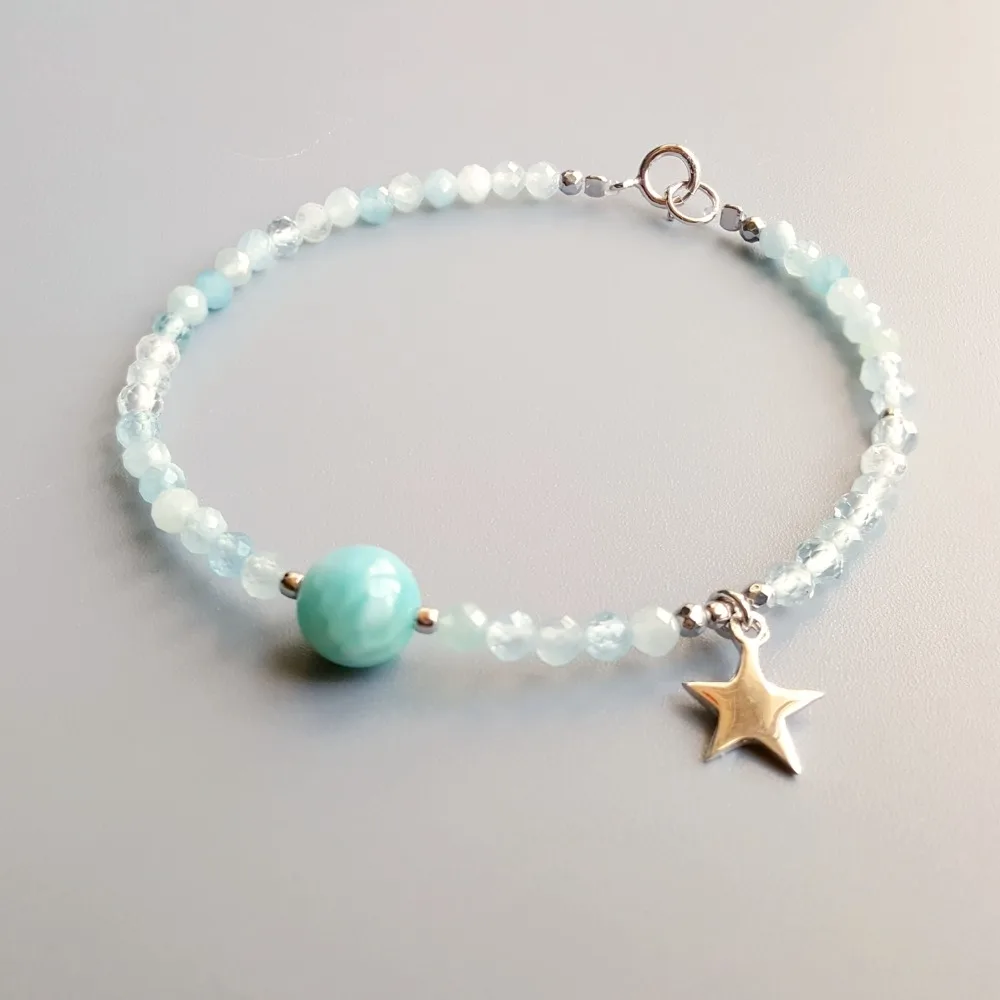 

Lii Ji Real Larimar Natural Aquamarine Bracelet 925 Sterling Silver 18K Gold Plated Star Charm Delicate Bracelet For Women