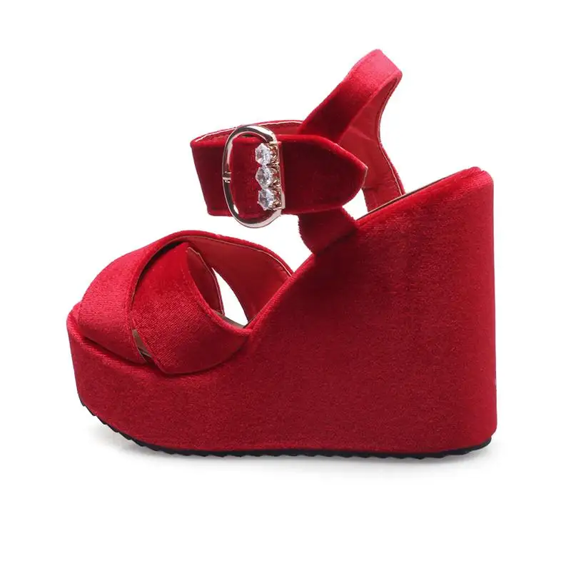 ASILETO wedges Sandals women Platform shoes High Heels Ankle Strap flock Ladies peep toe footwear sandalia sandales green S412|sandals for|sandals