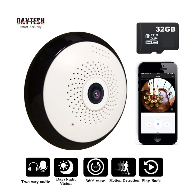 DAYTECH панорамный IP Камера Беспроводной Wi-Fi мини Камеры видеонаблюдения 1.3MP 960 P 32 г КАРТЫ HD 360 Полный градусов рыбий глаз видеонаблюдения ИК Аудио