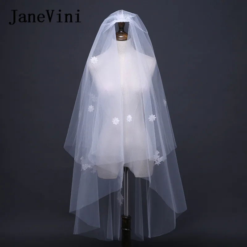 

JaneVini Beige Two Layers Cut Edge Wedding Veils with Comb Short Bridal Veil Lace Appliques Elbow Length Veil Voile De Mariee