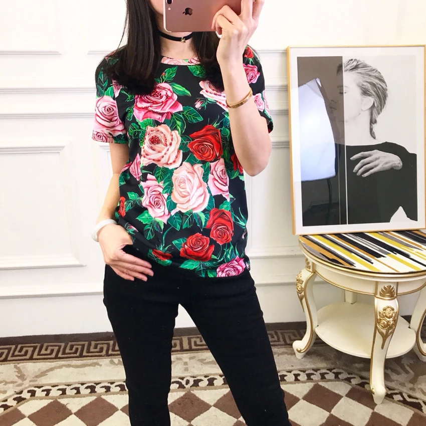 Высокое качество Красный Roosa Rosee женская летняя дизайнерская мода Красный Цветочный бисер бриллианты короткий рукав хлопковая футболка белый