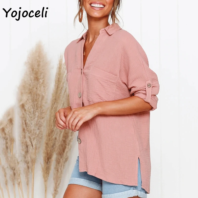 rose red Yojoceli, новинка, весна-лето, рубашка на пуговицах, блузки, женская уличная одежда, хлопковые блузки, рубашки, топы, повседневные женские блузки - Цвет: rose red