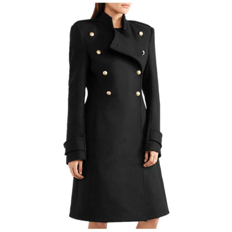 Женское шерстяное пальто в стиле милитари элегантное и тонкое теплое