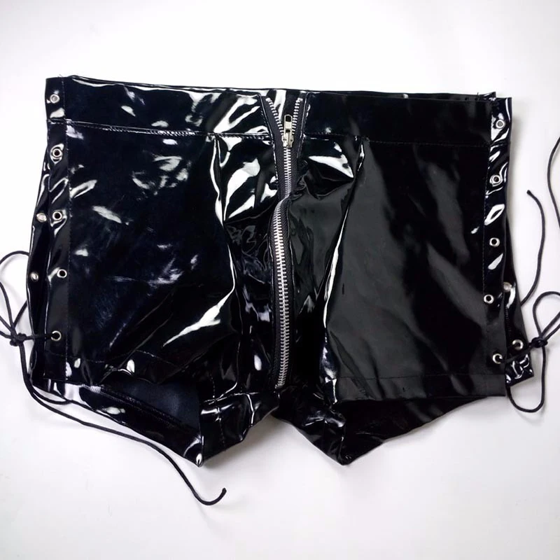 Wetlook Latex Boxers Sexy Leather Men Underwear Shorts Trunk Lingerie Homme Gay Jockstrap Lace Up Male Black Vinyl Underpants