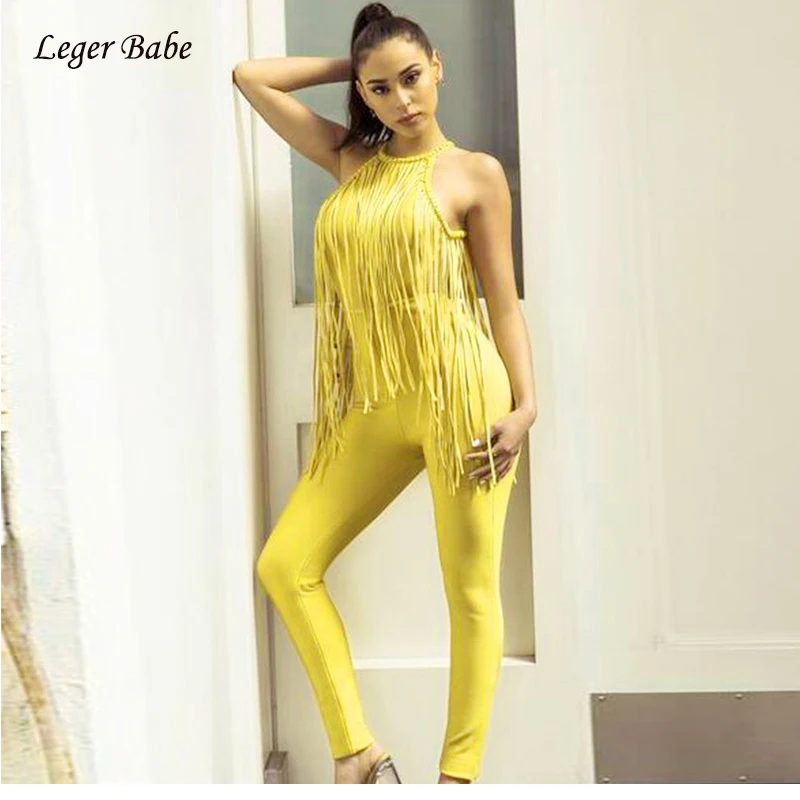 Leger Babe 2018 новый модный дизайнерский Желтый Холтер без рукавов Длинный бахрома