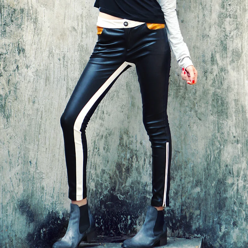 S-5xl! Women's Fashion Elastic Color Block Leather Pants Slim Pencil Pants Casual Zipper Tight Singer Costumes Clothing