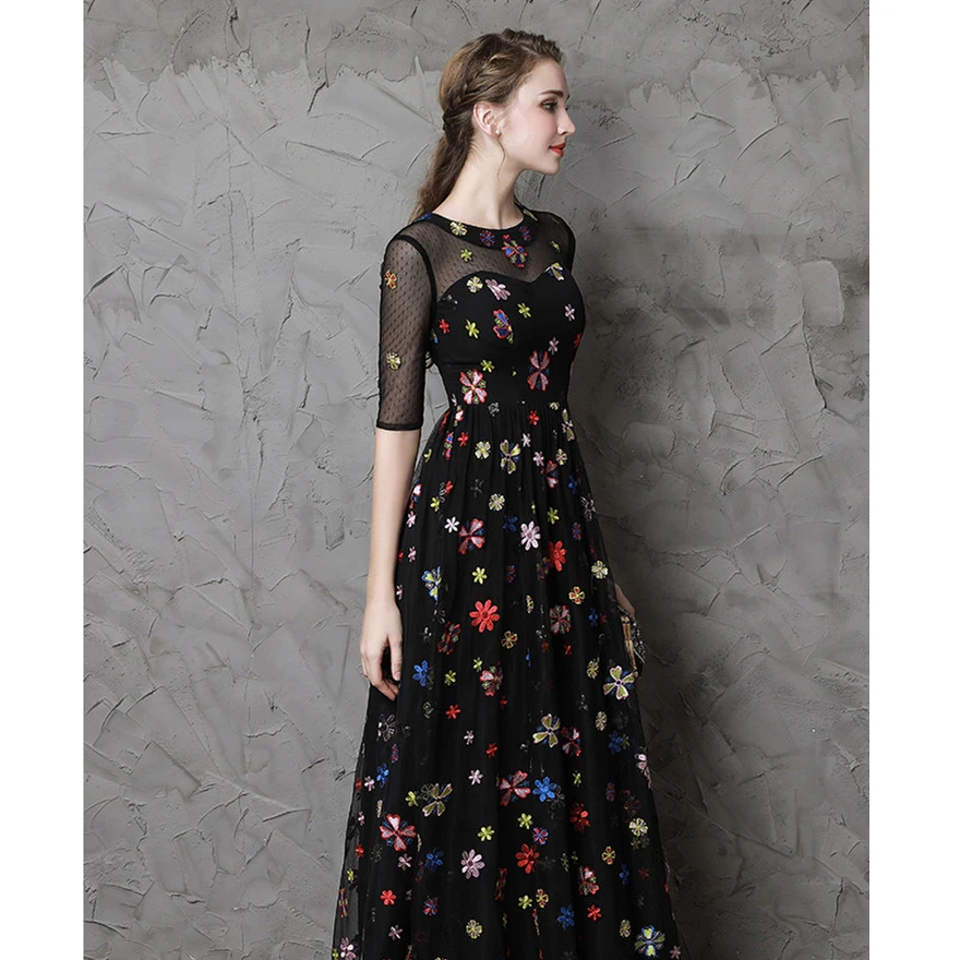 CEEWHY O-Neck Floral Embroidery Black Evening Dresses Long Prom Abiye Vestido de Noche Vintage Dress Half Sleeve | Свадьбы и