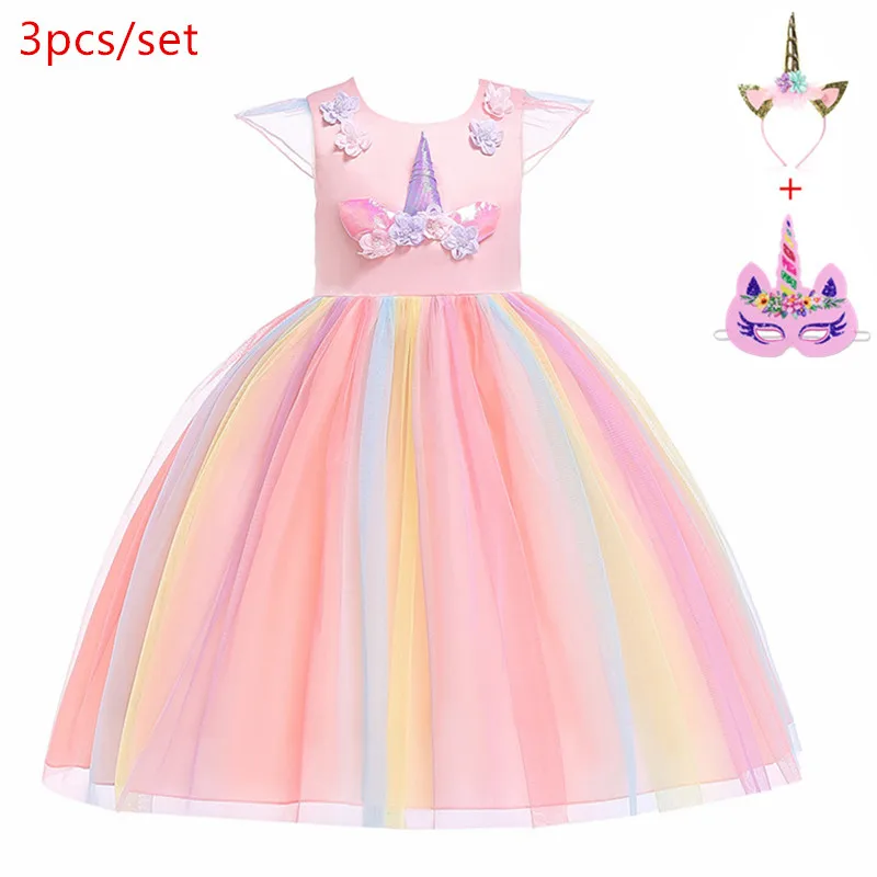 D0056pink-3pcs Платье для девочек в цветочек для костюмированной вечеринки с единорогом; платье принцессы для дня рождения для девочек; карнавальный костюм единорога для детей - Цвет: D0056pink-3pcs