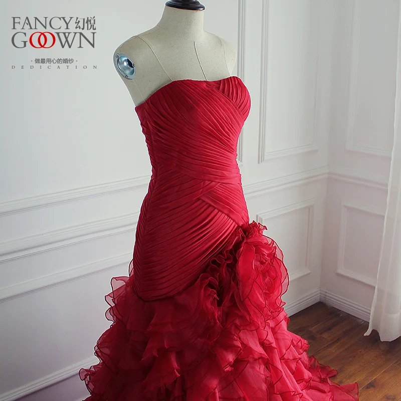 Vestido De Noiva Sereia Sexy Strapless Red Wedding Dresses Mermaid Ruffles Skirt Bride 2017 Court Train Plus Size | Свадьбы и