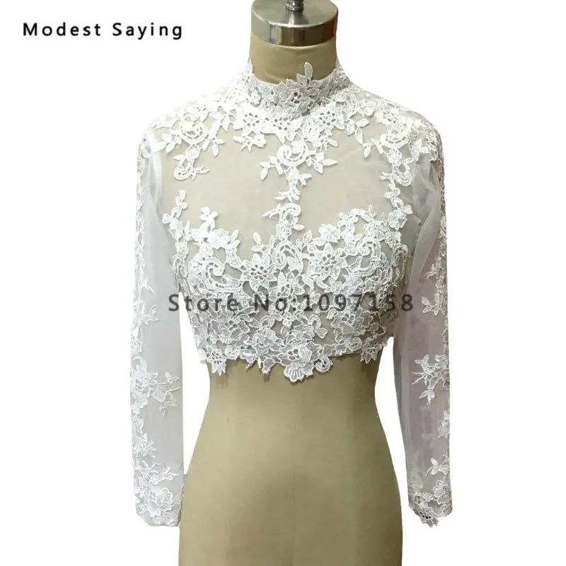 Элегантное белое кружевное свадебное платье с высоким воротником и длинными