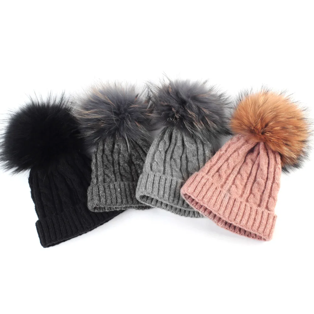 

2 Pcs Set Boys and Girls Cashmere Knitted Beanie and Scarf with Double Real Pompoms Kids Slouchy Hats with Raccoon Pompoms