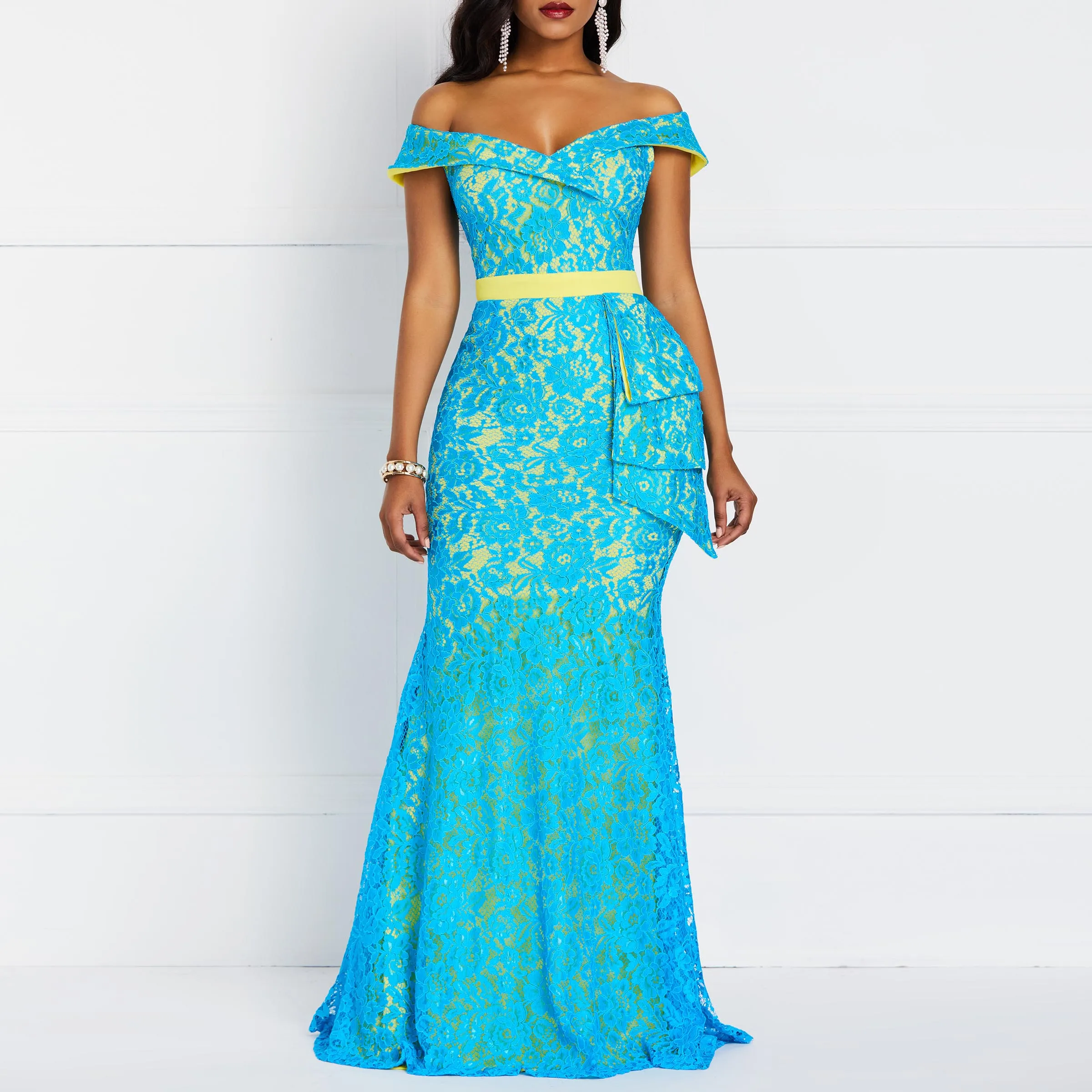 Женское длинное платье повседневное синее с высокой талией | Женская одежда