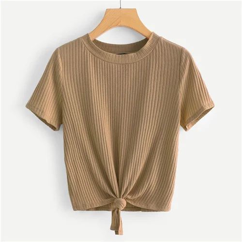 Khaki SweatyRocks неоновая цветная футболка с узлом спереди, стильная модная эластичная футболка, летняя повседневная женская желтая футболка и топы - Цвет: Khaki