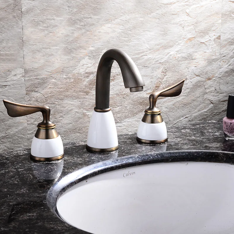 Bathroom Sink Faucets Antique Brass Color Deck Mounted Waterfall White Porcelain Hot and Cold Water Mixer Tap MPSK036A | Обустройство