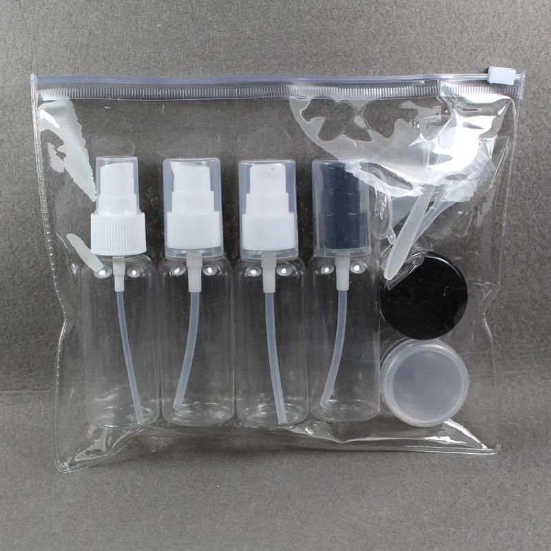 

10 in 1 clear plastic PET empty travel bottles with lotion cream spray pumps,BPA free travel size,airline carry on travel pouch