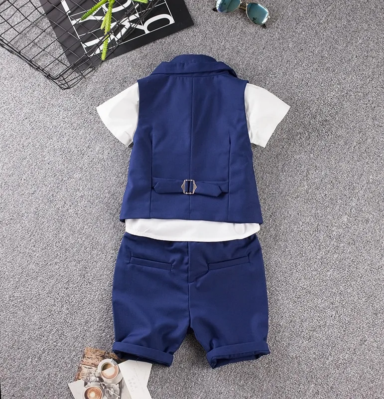 

child suit Summer Baby Prom Sets Blue/Purple wedding Flower Boy Dress fashion show kid clothing Vest shirt shorts 3pcs suit