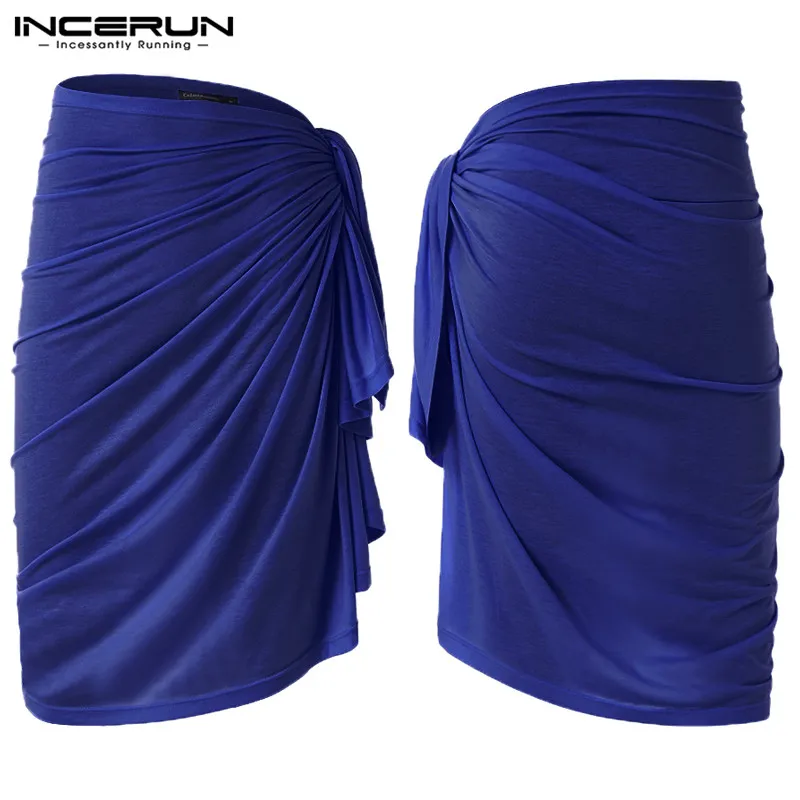 Blue Модное банное полотенце INCERUN, мужские халаты, юбки, одноцветные свободные пижамы,, одеяло для отдыха, пляжное полотенце, юбки, Мужская домашняя одежда, S-5XL - Цвет: Blue