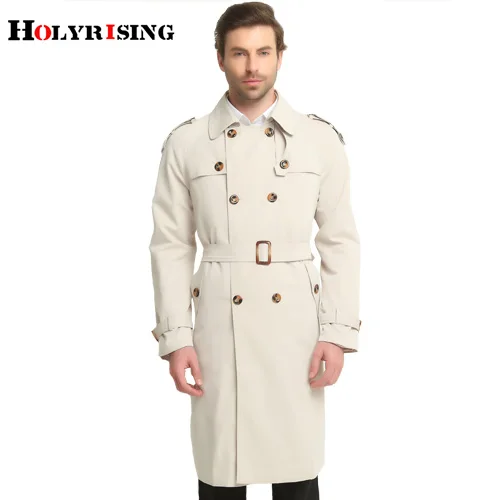 Holyrising, S-6XL, длинный Тренч, мужской, классический, модный, британский, для досуга, приталенный, ветровка, двубортный, однотонный, бежевый, ветровка - Цвет: Beige