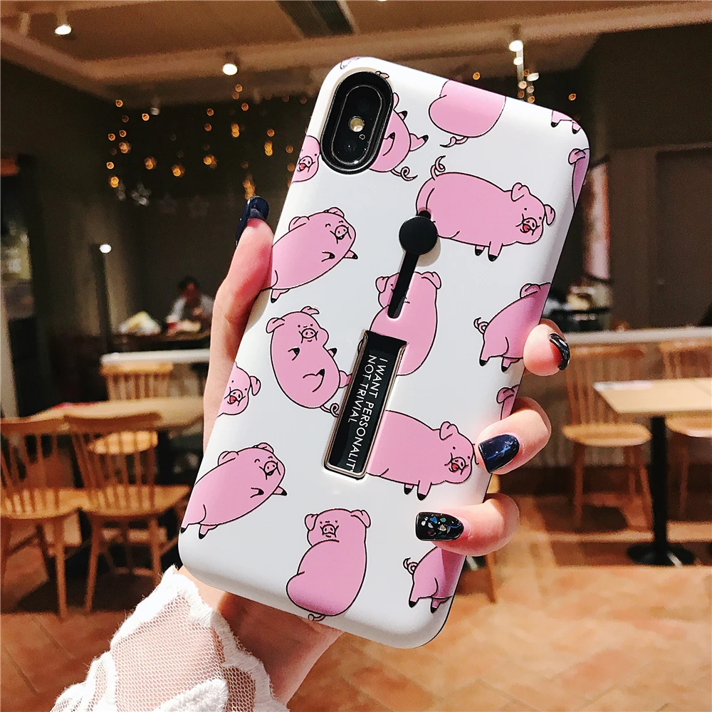 High quaity Hide Bracket Ring Phone Case For iPhone 6 6S Plus 7 8 Relief Cartoon Lovely Pink Pig XS MAX XR |