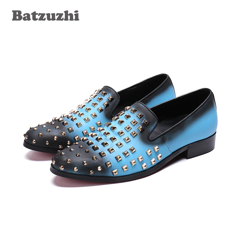

Batzuzhi Men Shoes Round Toe Black Leather Loafers Shoes Man Rivets Blue Casual Leather Loafers zapatos de hombre, Big US12