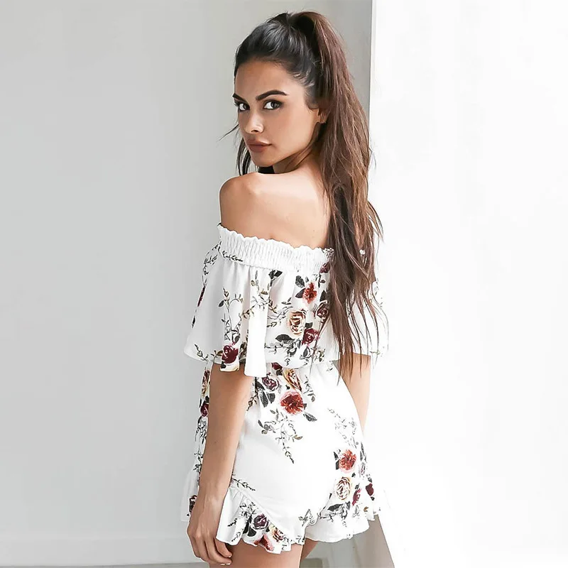 Модные Цветочный принт комбинезон Для женщин Off Shoulder Playsuit завернутый без