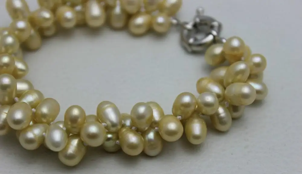2strands twist Champagne Beaded freshwater pearl bracelet &quotHandmade&quotAlloy 9INCH &gt&gtfree shipping | Украшения и