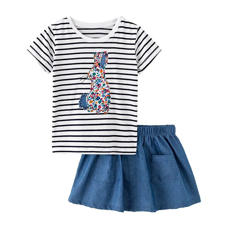 

Little Maven, новая летняя детская одежда, хлопковые комплекты для девочек 1-6 лет, в синюю полоску, с изображением кролика, аппликация на джинсы