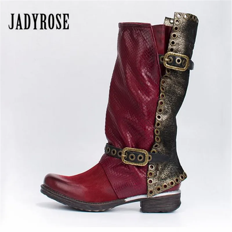 Jady/модные красные осенне-зимние женские высокие сапоги из натуральной кожи с боковой молнией на плоской подошве, Botas Mujer, сапоги на платформе с заклепками