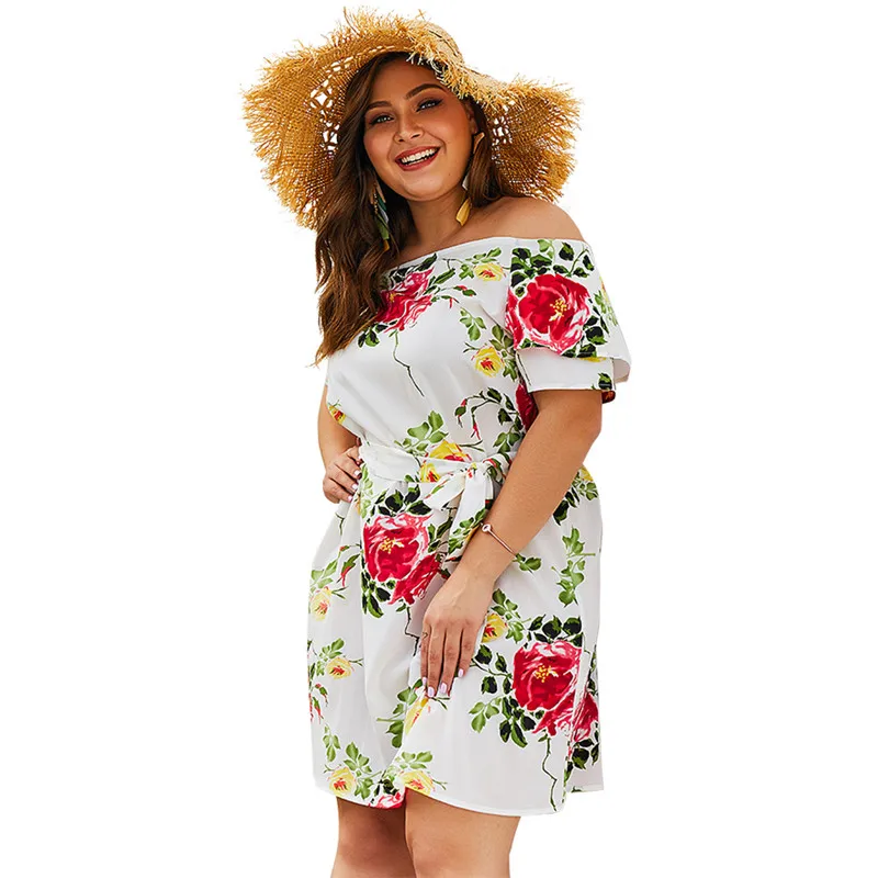 Плюс Размеры сексуальный с плеча платья летние Цветочный принт элегантный