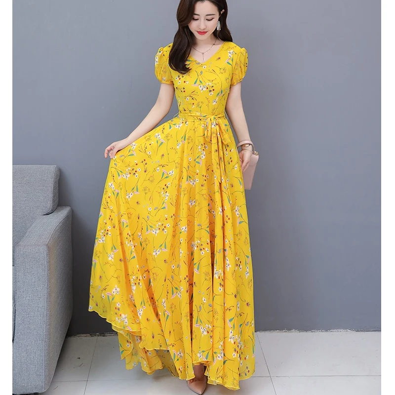 Женское шифоновое платье с коротким рукавом длинное V образным вырезом и