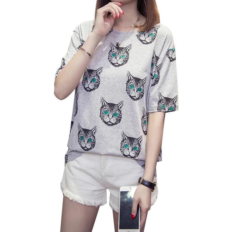 2018 L ~ 4XL модные короткий рукав с принтом кота хлопковая футболка лето плюс Размеры