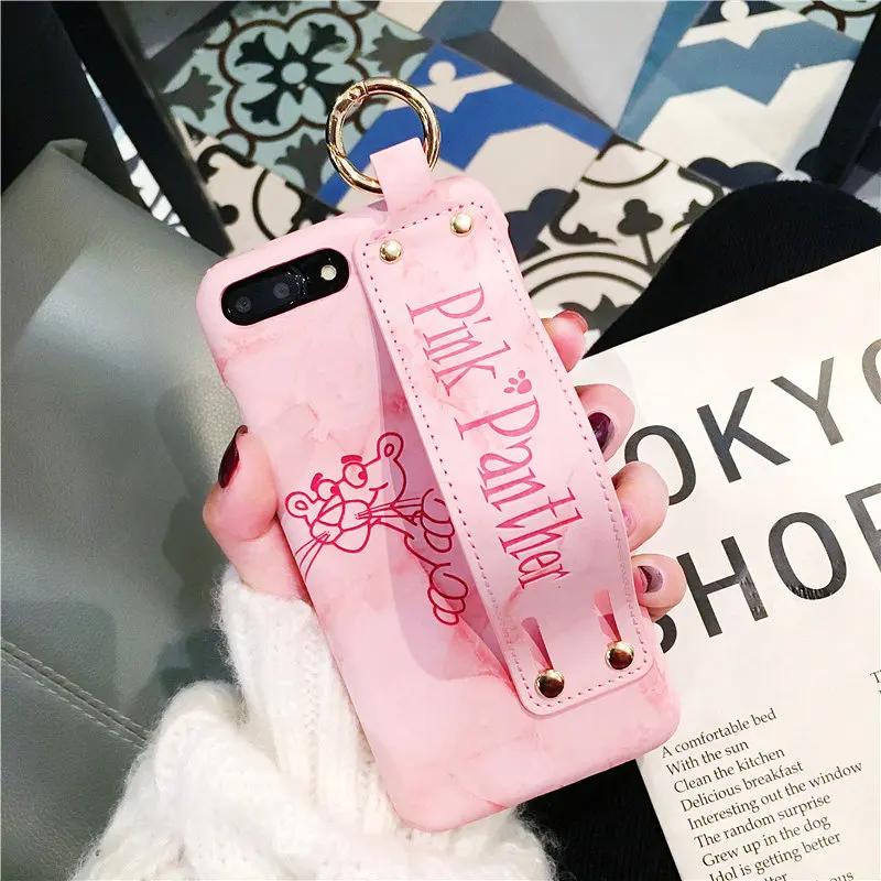 Роскошный Розовый пантера ремешок PU чехол для iphone X 6 6s 6plus 7 7plus 8 8plus наручный захват чехол твердая задняя крышка брендовый чехол