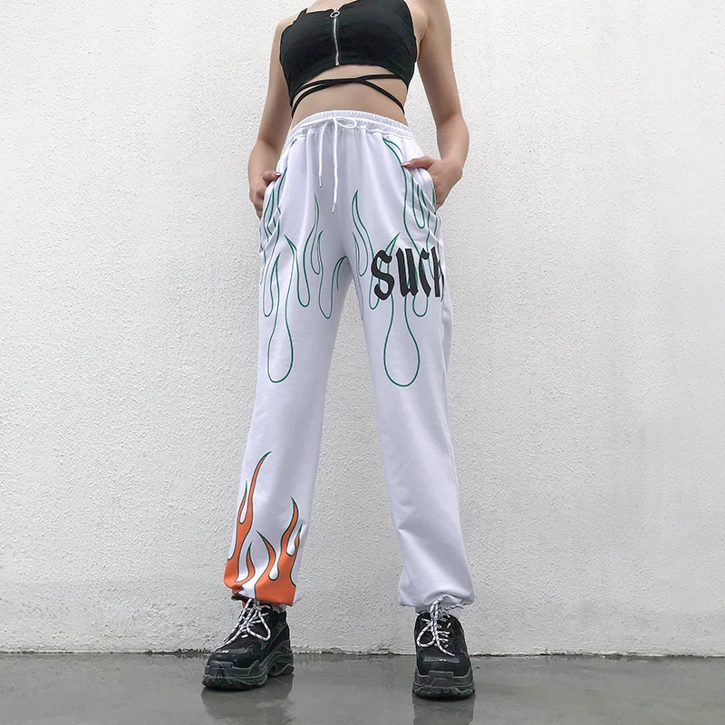 HEYounGIRL с огненным принтом повседневные Джоггеры для женщин Harajuku белые штаны с высокой талией Капри Свободные мешковатые брюки Дамская уличная одежда лето