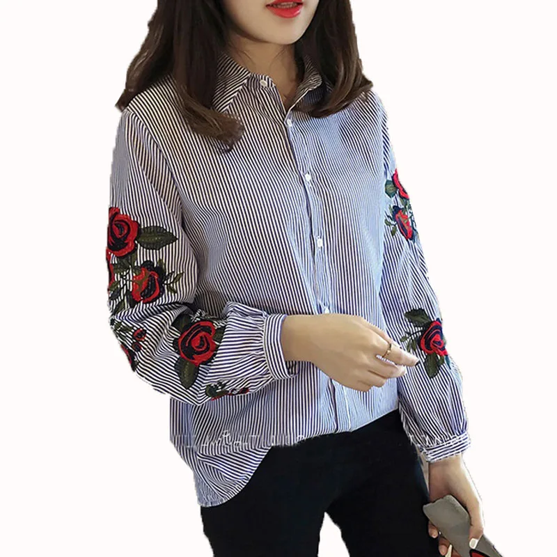2017 Винтаж цветок Вышивка Блузка Повседневное Полосатые рубашки Для женщин Топ