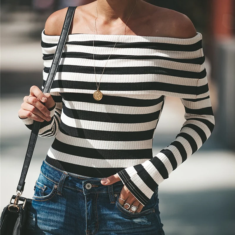Женский черно-белый полосатый Slash шеи Повседневные базовые Стрейчевые боди