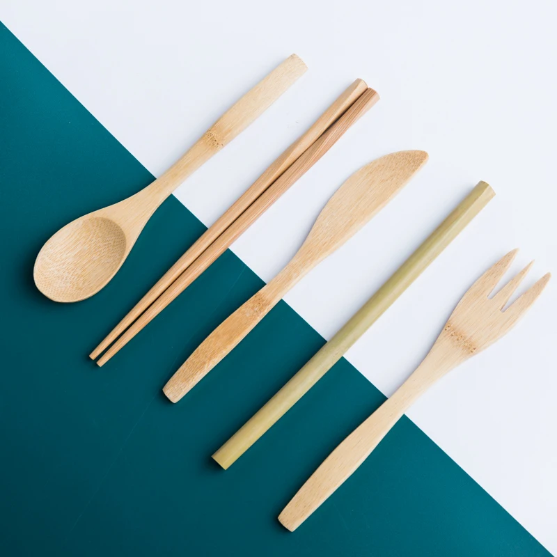 Portable Wooden Tableware Set Bamboo Knife Fork Spoon Cutlery With Cloth Bag Straw Chopsticks Kitchen Travel Dinnerware 7pcs | Дом и сад