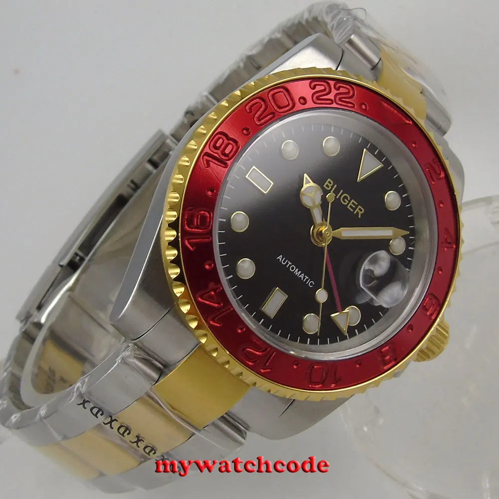 

40mm bliger black dial sapphire glass red bezel GMT date automatic mens watch