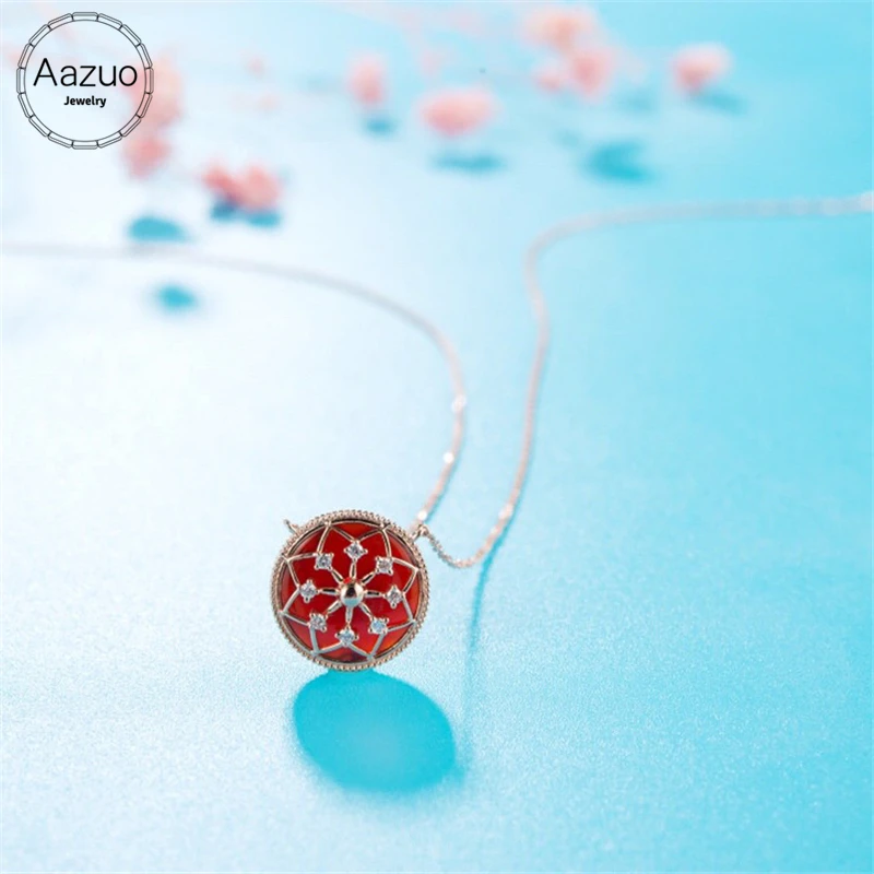 

Aazuo 18K Rose Gold(Au750) Natural Red Agate Real Diamonds Round Necklace For Women Engagement Wedding