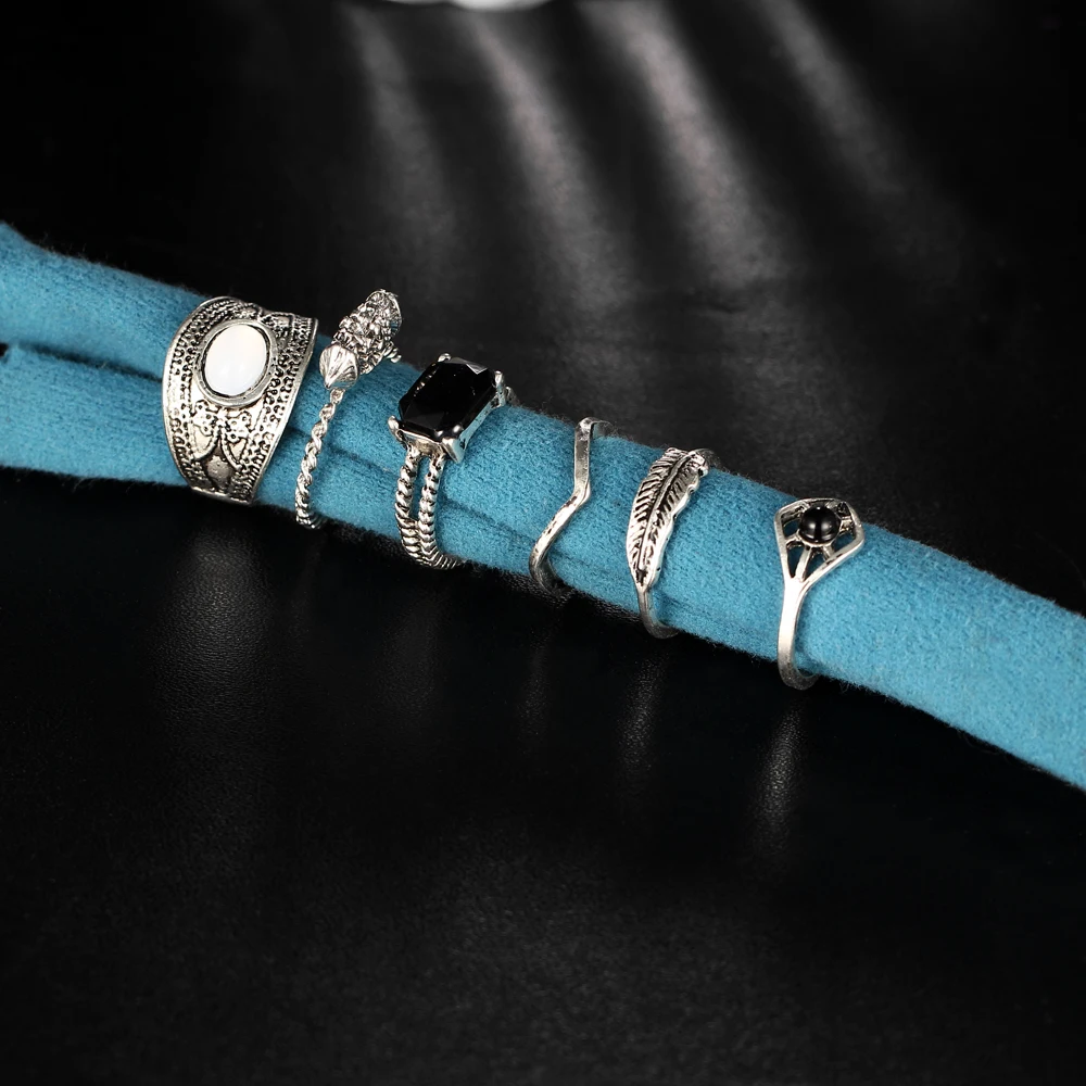 6piece/set Retro Stone Rings Feather Charms Punk Midi Women Jewelry Joint Ring Wrap Knuckle Set Olives Party Fashion | Украшения и