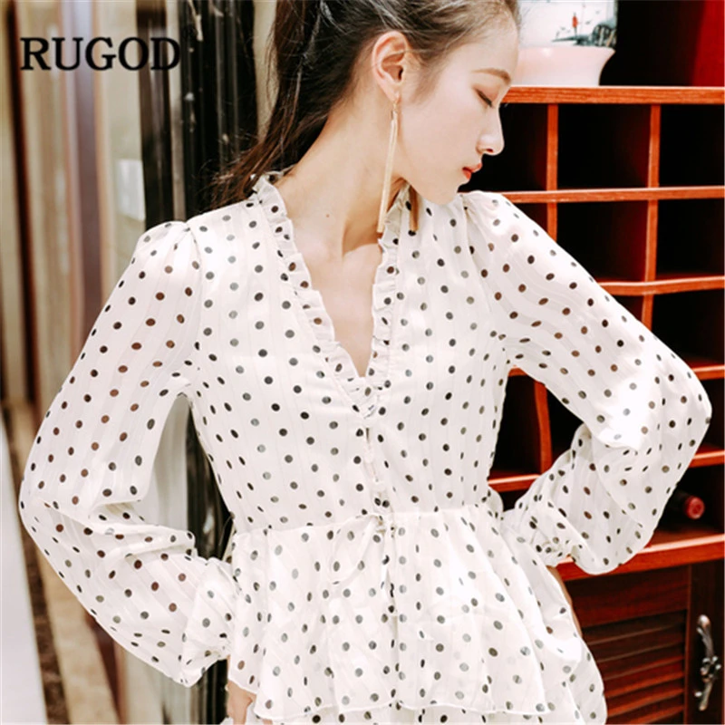 RUGOD 2019 новое платье в горошек с каскадными оборками женское сексуальное v