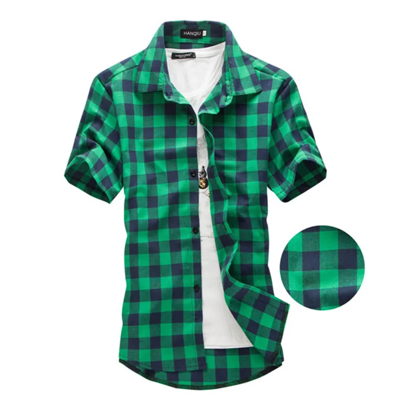 Рубашка мужская в клетку повседневная сорочка с коротким рукавом темно зеленая - Фото №1