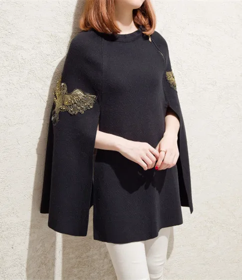 Черный Корейский стиль, женские свитера и пуловеры, осень, пончо, Feminino Inverno, вышитый плащ, шаль, куртка, пальто, зимняя верхняя одежда - Цвет: Черный
