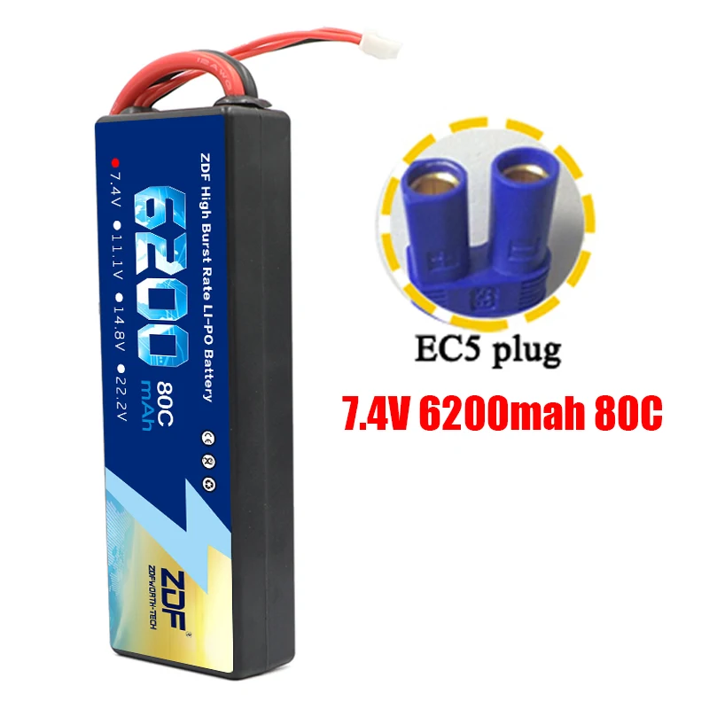 2S6200mah EC5 plug ZDF Lipo Аккумулятор 7,4 V 11,1 V 14,8 V 5200mah 6200mah Hardcase 2S 3S 4S 80C 160C 1/10 1/8 весы для Traxxas Slash 4x4 RC автомобилей лодки - Color: 2S6200mah EC5 plug