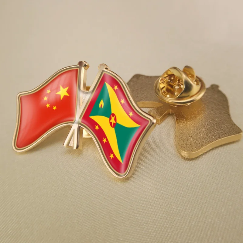 

China and Grenada Crossed Double Friendship Flags Lapel Pins Brooch Badges