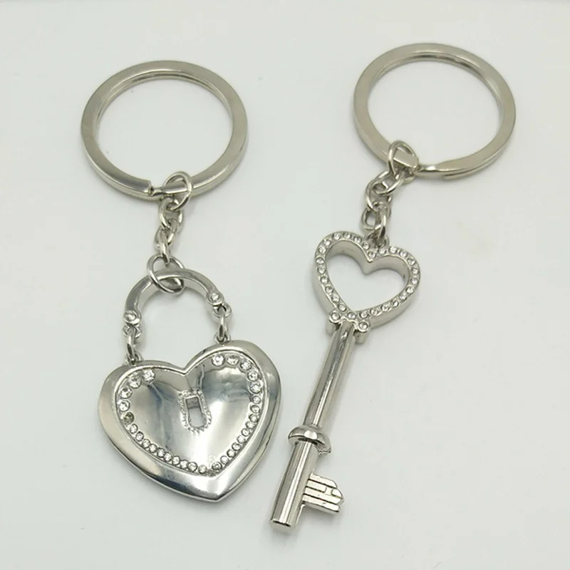 Creative High-grade Heart Lock Key Couple Silver Keychain Crystal Ring Valentine's Day Gift | Chains