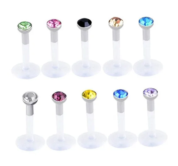 10PCS/LOT Mixed 10 color Rhinestone Labret Lip Ring Soft Acrylic Body Jewelry Black White base Piercing body | Украшения и