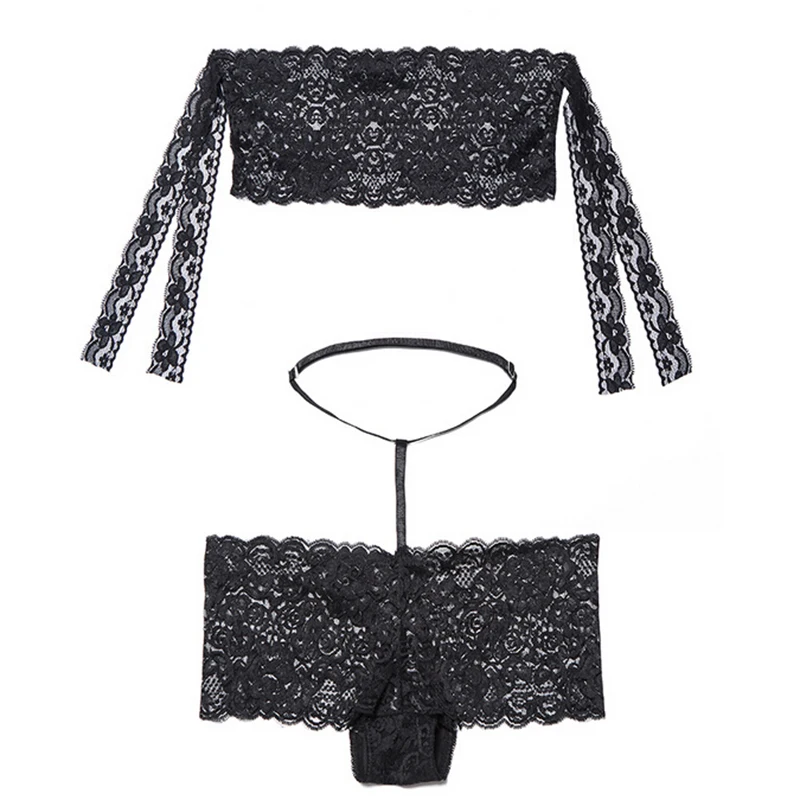 New Women Exotic Clothes Set Sexy Ladies Lingerie Lace Underwear Crop Top Womens Black Babydoll Sleepwear G-string Bottom | Тематическая