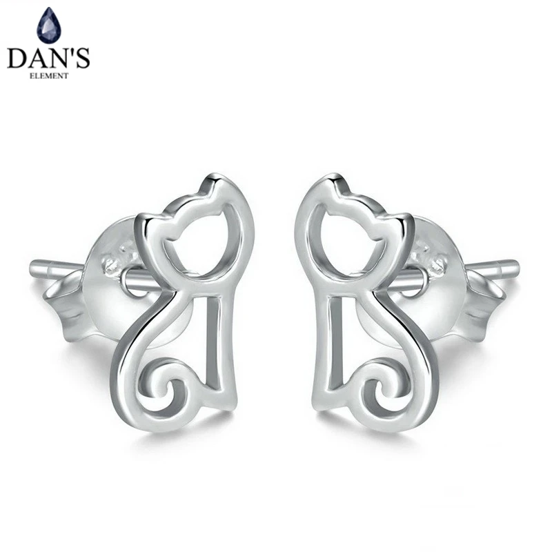 Женские серьги гвоздики DAN'S ELEMENT S925 в милом стиле с полым котом из стерлингового