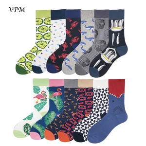 Мужские носки VPM из чесаного хлопка, цветные Смешные модные носки в стиле Харадзюку С фламинго, акулой, новинка, счастливый скейтборд, свадебный подарок
